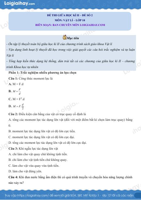 Đề thi giữa học kì 2 Vật lí 10 Chân trời sáng tạo - Đề số 2
